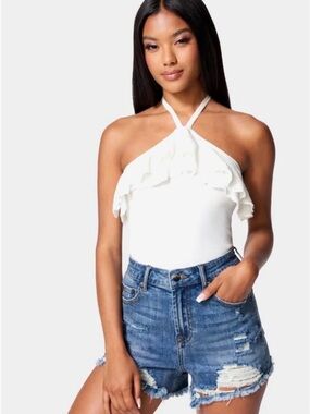 White Ruffle Halter lurex sweater Women's Top - Classic Summer Staple